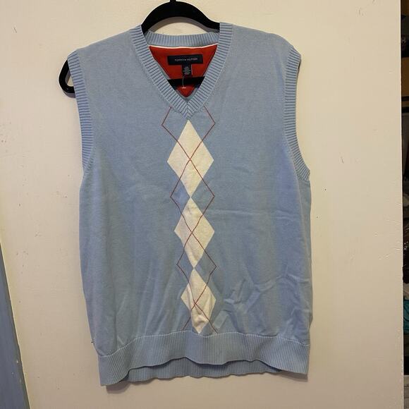 Y2K Tommy Hilfiger Argyle Knit Sweater Vest V Neck Men L Cotton Preppy Career - Picture 6 of 8
